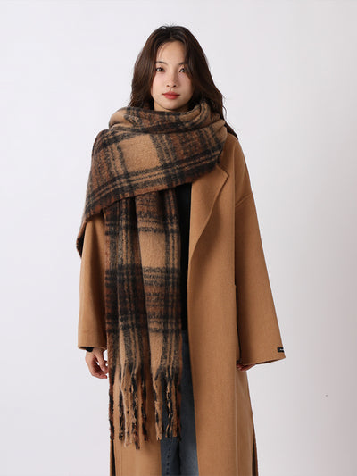 Warm Plaid Colorblock Tassel Long Scarf