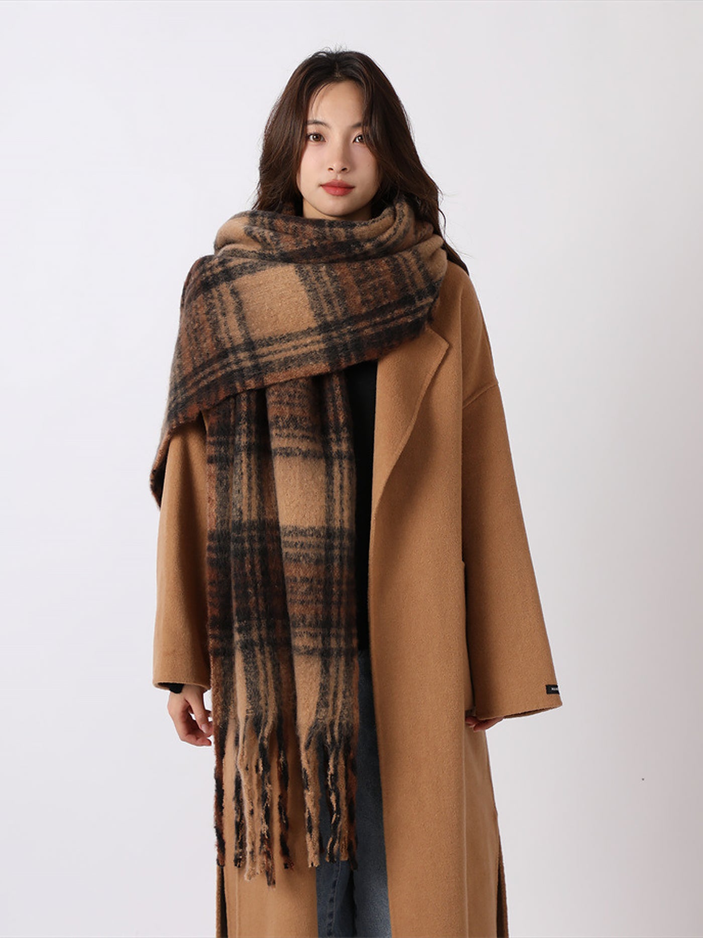 Allegra K Warm Plaid Colorblock Tassel Long Scarf