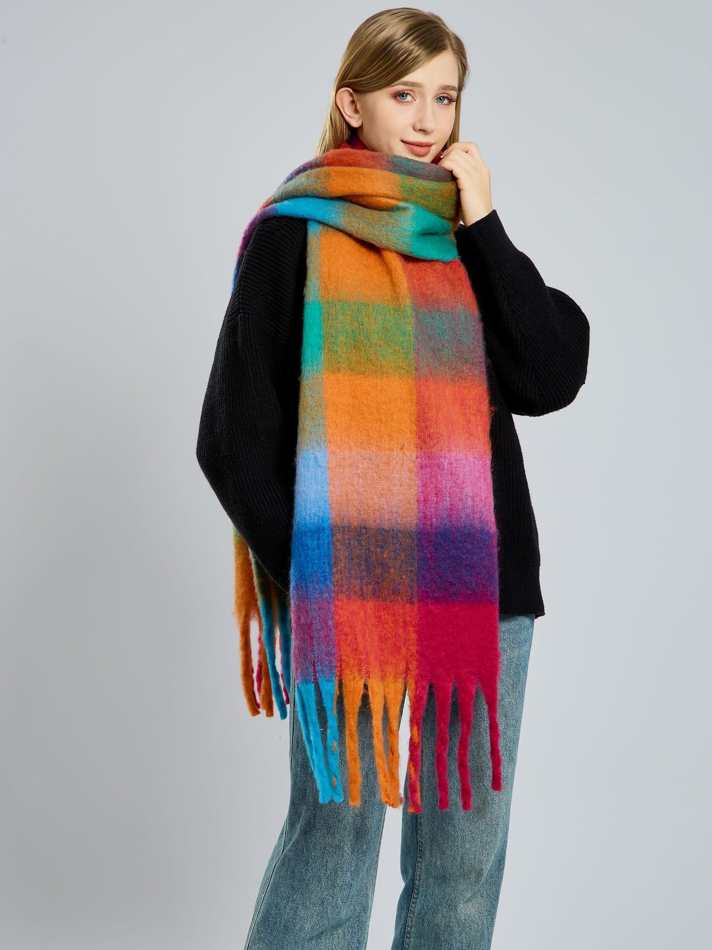 Allegra K Colorful Plaid Tassel Long Warm Winter Scarf