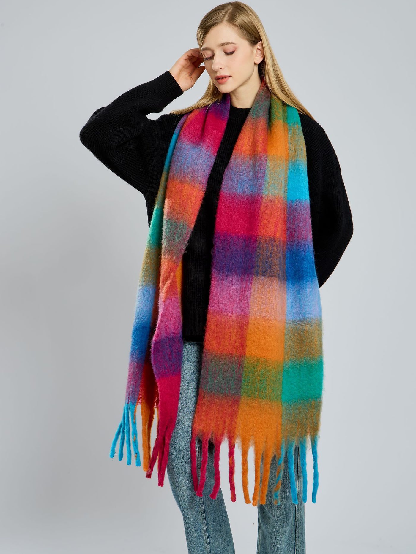 Allegra K Colorful Plaid Tassel Long Warm Winter Scarf