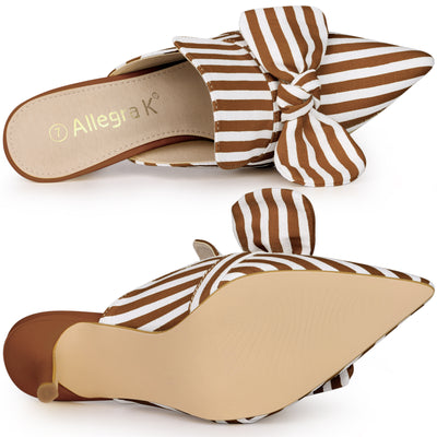 Stripe Bow Slip on Stiletto Heel Slides Mules