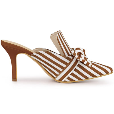 Stripe Bow Slip on Stiletto Heel Slides Mules