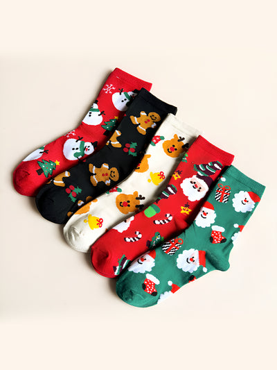 5 Pairs Santa Claus Elk Snowman Gingerbread Middle Tube Christmas Socks