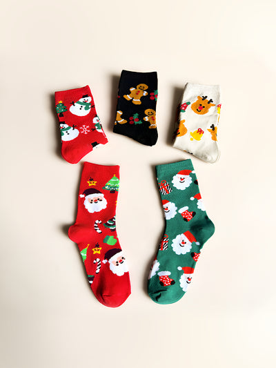 5 Pairs Santa Claus Elk Snowman Gingerbread Middle Tube Christmas Socks