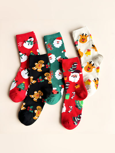 5 Pairs Santa Claus Elk Snowman Gingerbread Middle Tube Christmas Socks