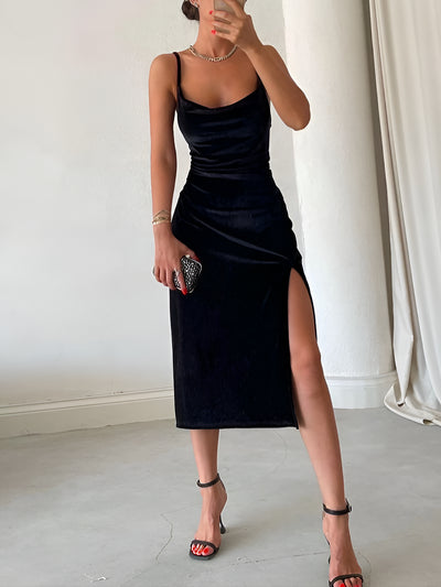 Velvet Spaghetti Strap Ruch Slit Bodycon Midi Dress