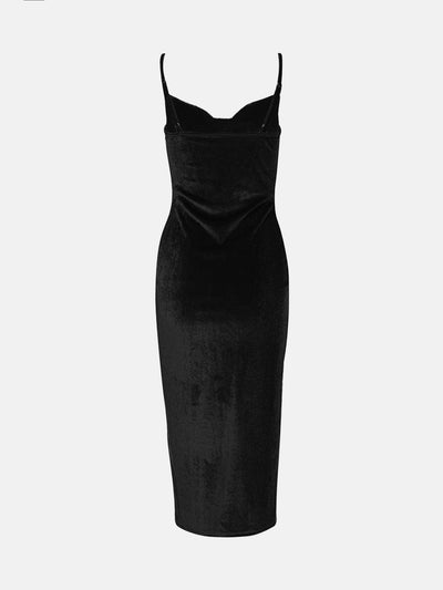 Velvet Spaghetti Strap Ruch Slit Bodycon Midi Dress