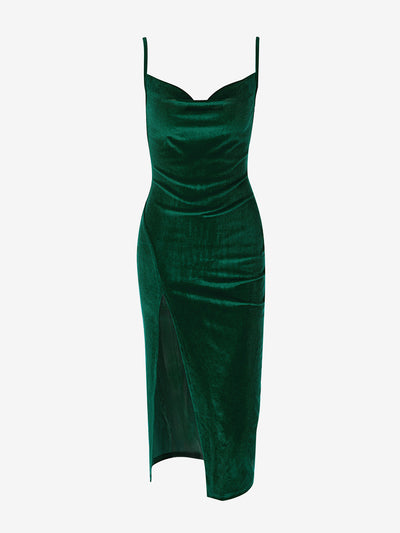 Velvet Spaghetti Strap Ruch Slit Bodycon Midi Dress