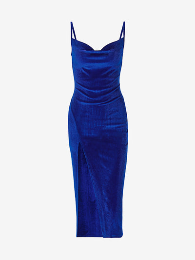 Velvet Spaghetti Strap Ruch Slit Bodycon Midi Dress