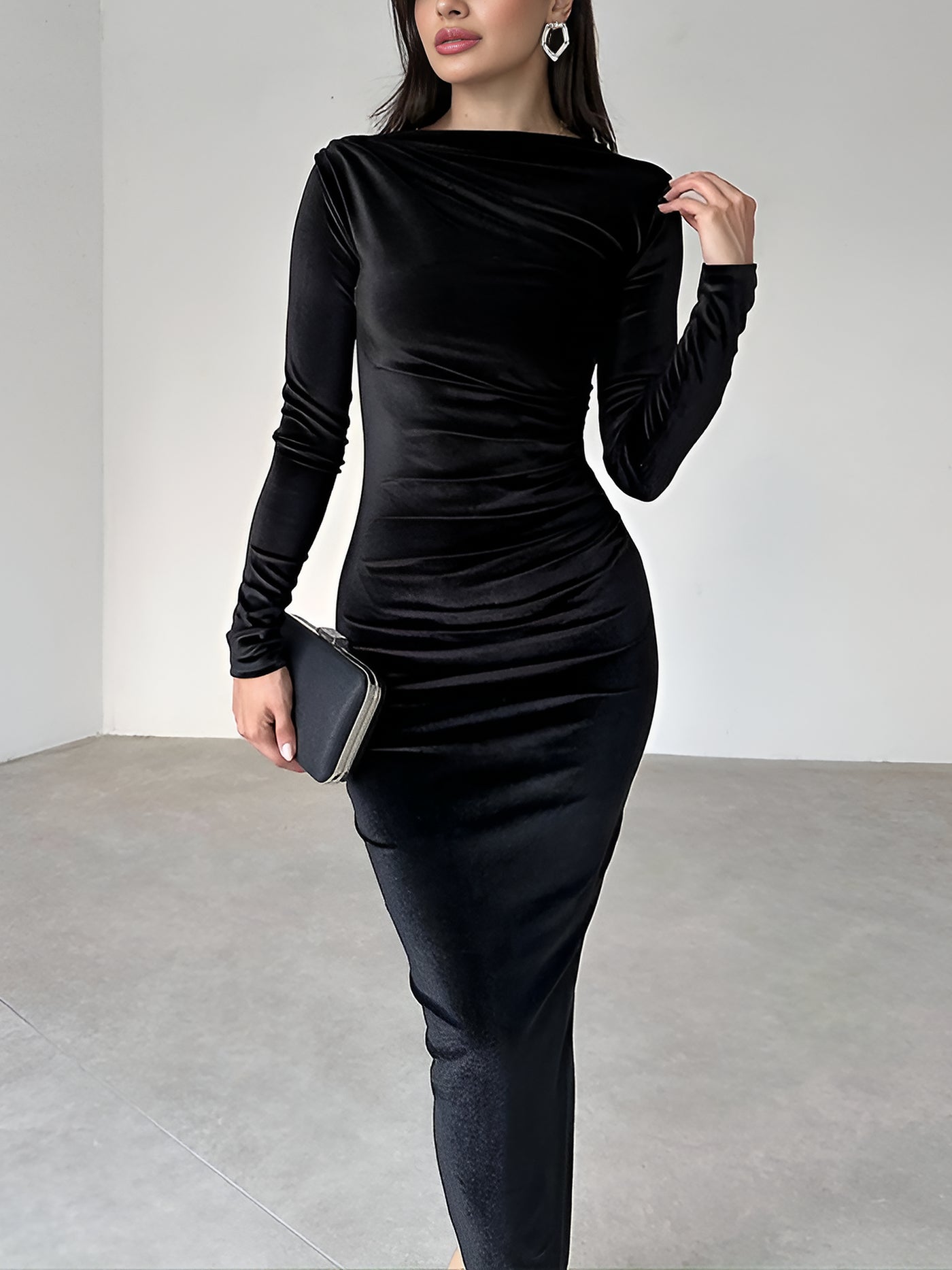 Allegra K Velvet Ruched Long Sleeves Bodycon Maxi Dress