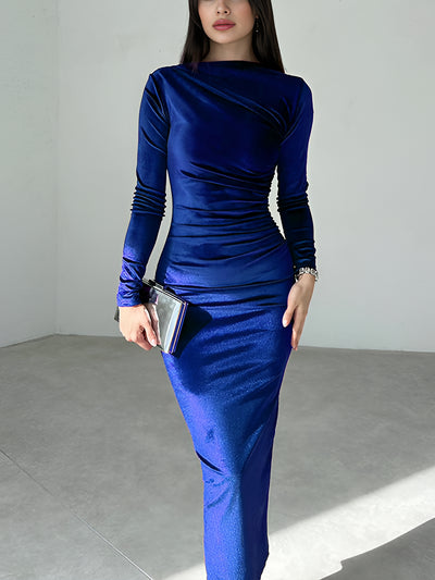 Velvet Ruched Long Sleeves Bodycon Maxi Dress