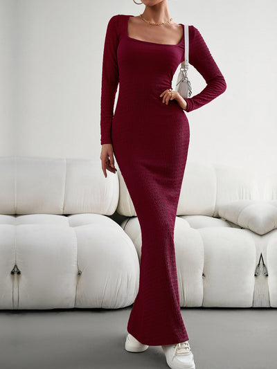 Allegra K Solid Color Long Sleeve Knitted Maxi Bodycon Sweater Dress