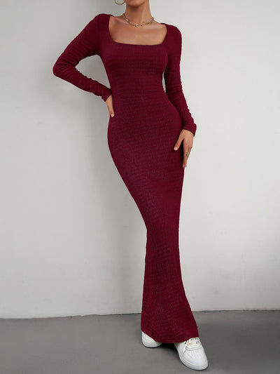 Solid Color Long Sleeve Knitted Maxi Bodycon Sweater Dress