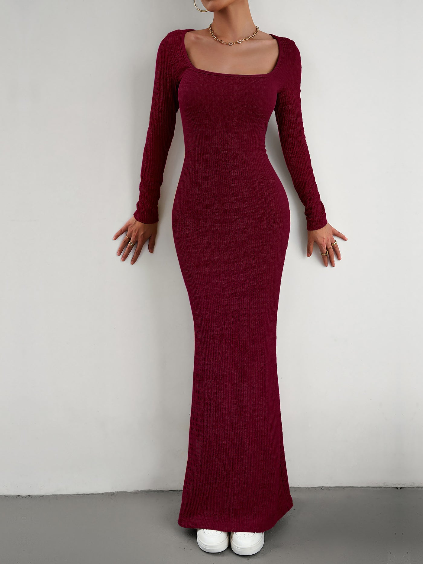 Allegra K Solid Color Long Sleeve Knitted Maxi Bodycon Sweater Dress