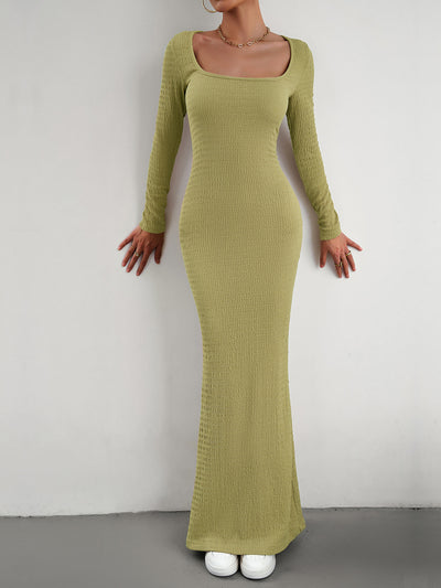 Solid Color Long Sleeve Knitted Maxi Bodycon Sweater Dress