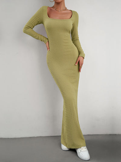 Solid Color Long Sleeve Knitted Maxi Bodycon Sweater Dress