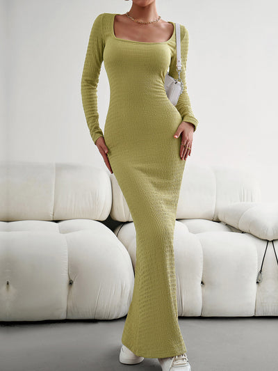 Solid Color Long Sleeve Knitted Maxi Bodycon Sweater Dress