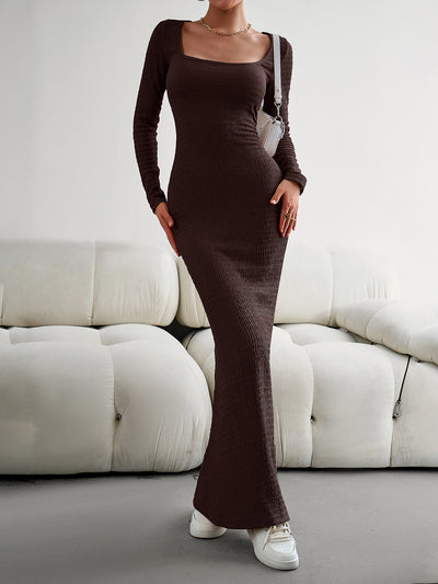 Solid Color Long Sleeve Knitted Maxi Bodycon Sweater Dress