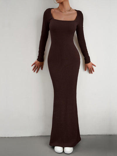 Solid Color Long Sleeve Knitted Maxi Bodycon Sweater Dress