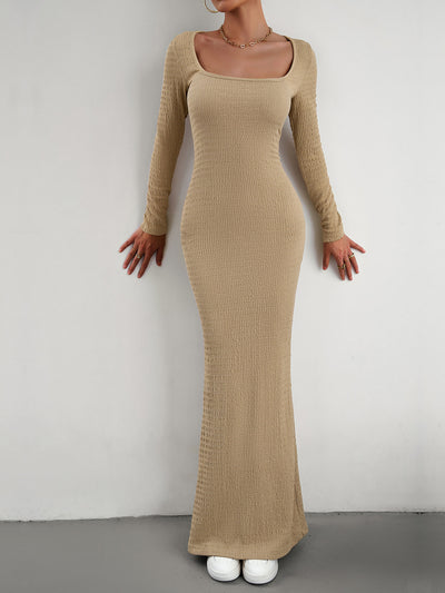 Solid Color Long Sleeve Knitted Maxi Bodycon Sweater Dress