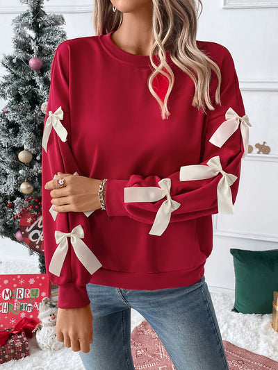 Christmas Bow Decor Colorblock Long Sleeves Sweatshirt