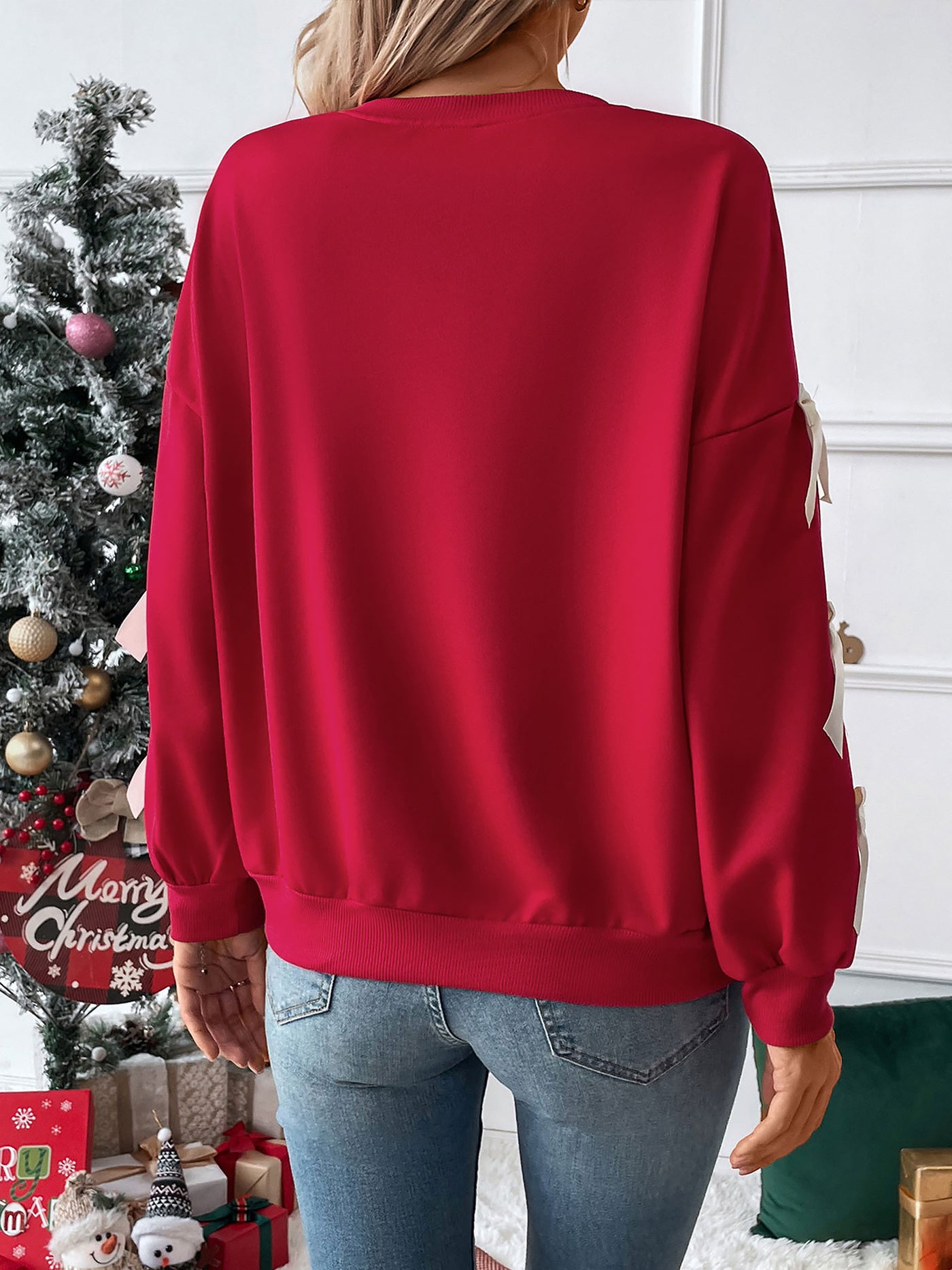 Allegra K Christmas Bow Decor Colorblock Long Sleeves Sweatshirt