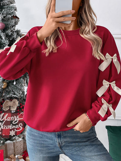 Christmas Bow Decor Colorblock Long Sleeves Sweatshirt