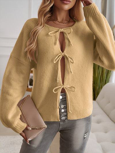 Ribbed Knit Lace-Up Bow Long Sleeves Cardigan