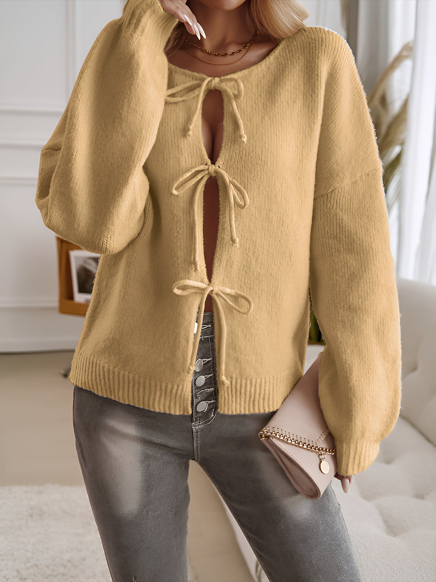 Allegra K Ribbed Knit Lace-Up Bow Long Sleeves Cardigan