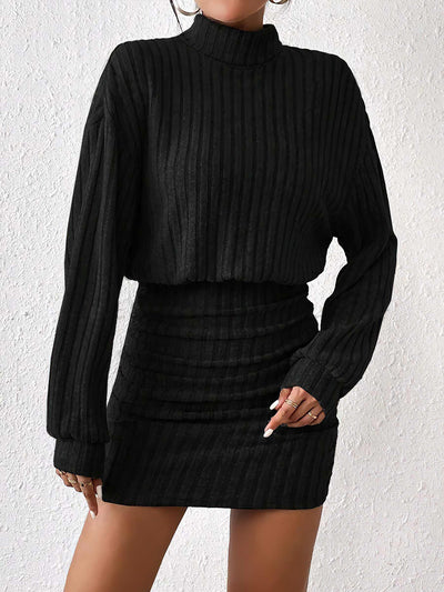 Solid Color Mock Neck Long Sleeves Mini Sweater Dress