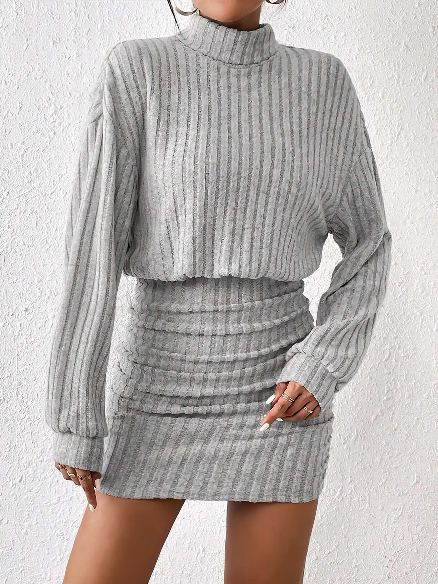 Allegra K Solid Color Mock Neck Long Sleeves Mini Sweater Dress