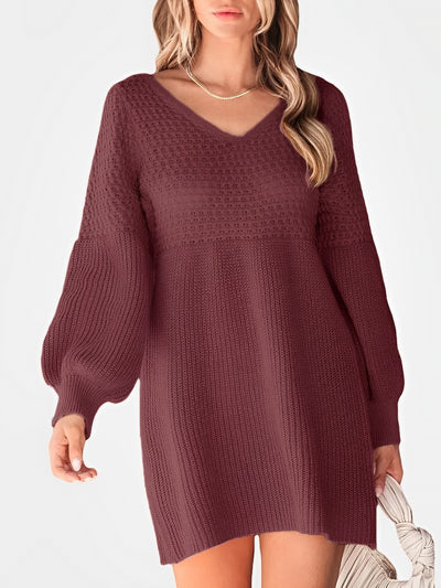 V Neck Lantern Sleeve Solid Color Knitted Mini Sweater Dress