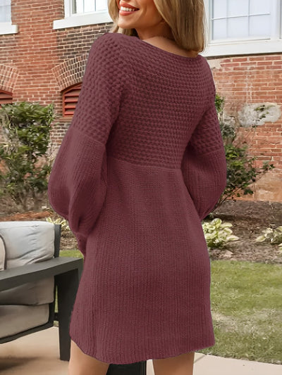 V Neck Lantern Sleeve Solid Color Knitted Mini Sweater Dress