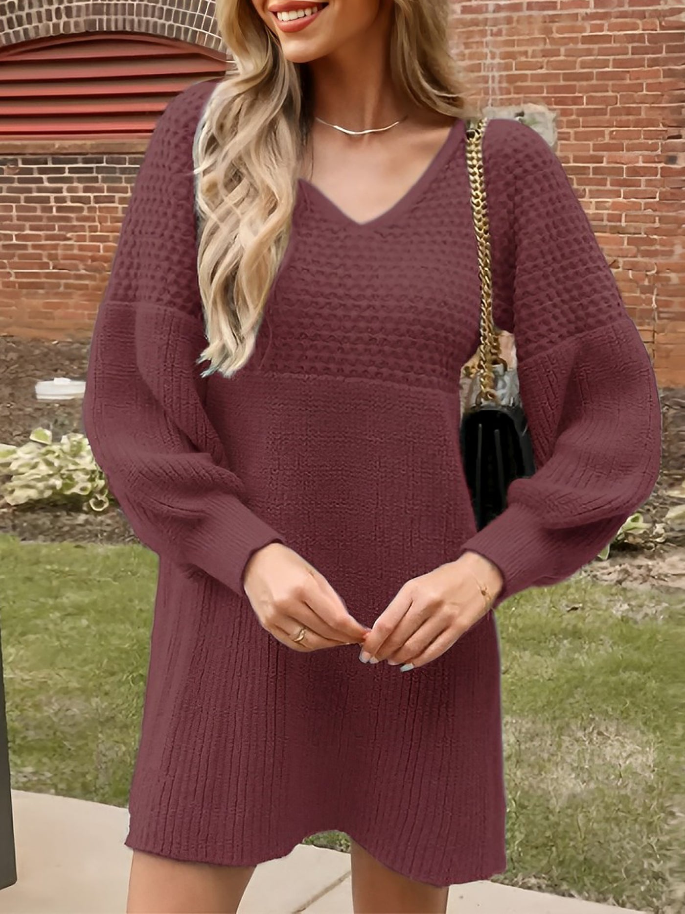 Allegra K V Neck Lantern Sleeve Solid Color Knitted Mini Sweater Dress