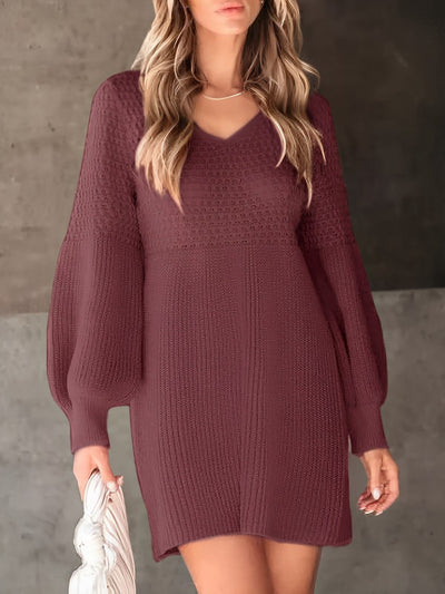 V Neck Lantern Sleeve Solid Color Knitted Mini Sweater Dress