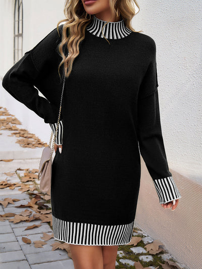 Ribbed Knit Mock Neck Patchwork Mini Sweater Dress