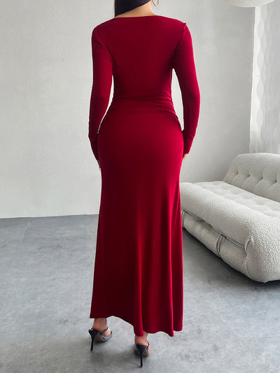 Solid Color Ruched Bodycon Fishtail Maxi Dress