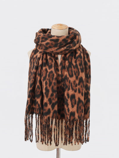 Leopard Print Mid Length Warm Tasseled Scarf