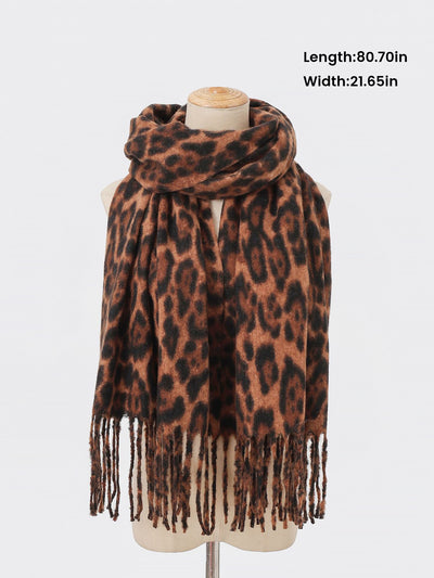 Leopard Print Mid Length Warm Tasseled Scarf