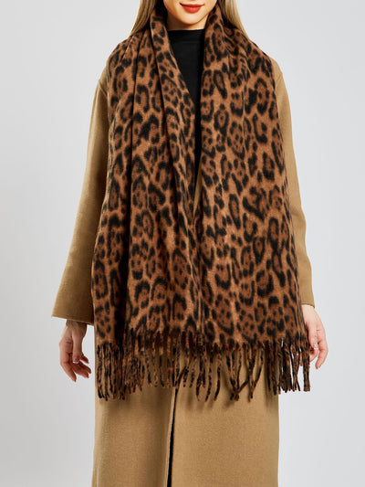 Leopard Print Mid Length Warm Tasseled Scarf