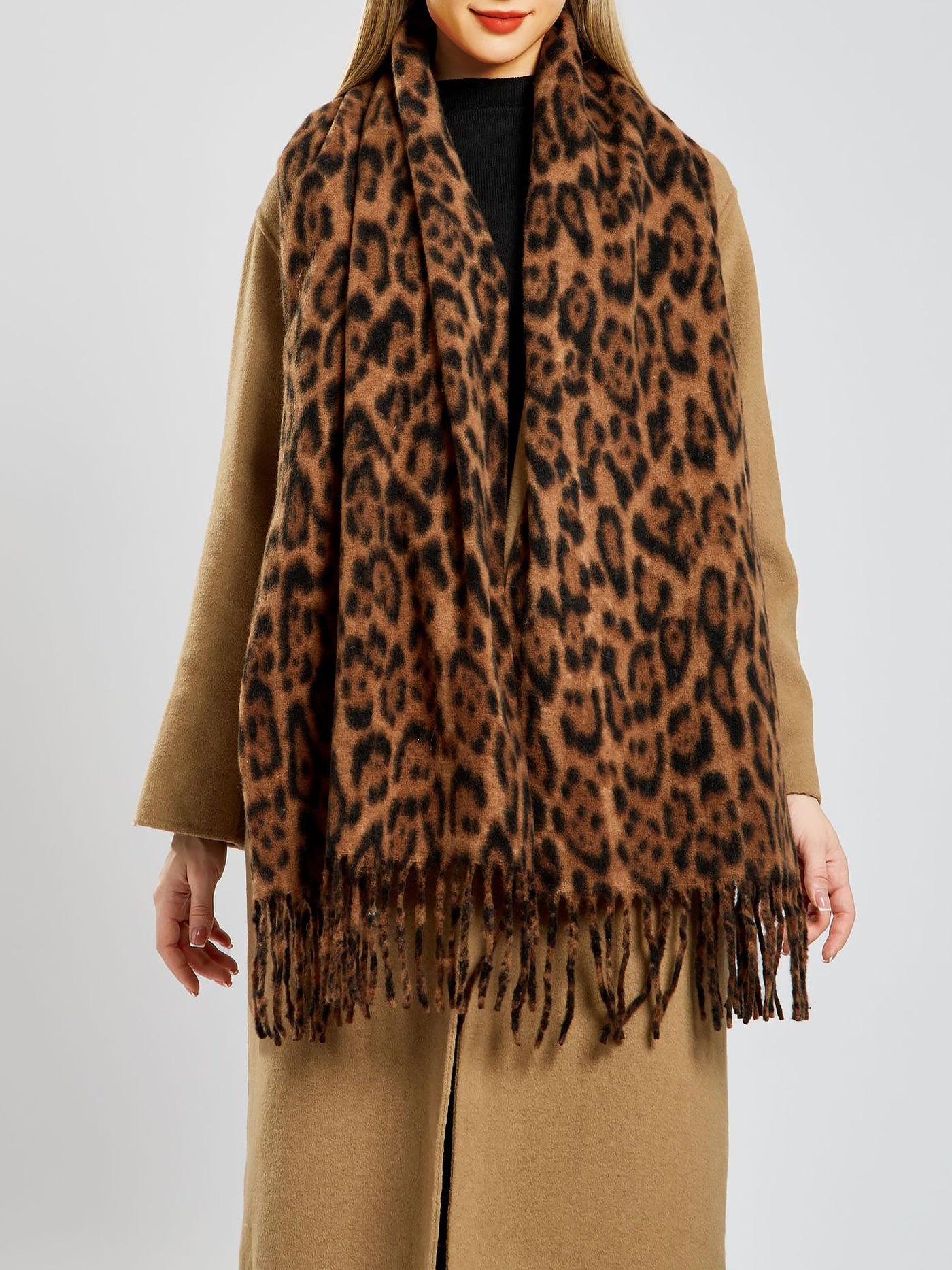 Allegra K Leopard Print Mid Length Warm Tasseled Scarf