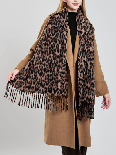 Leopard Print Mid Length Warm Tasseled Scarf