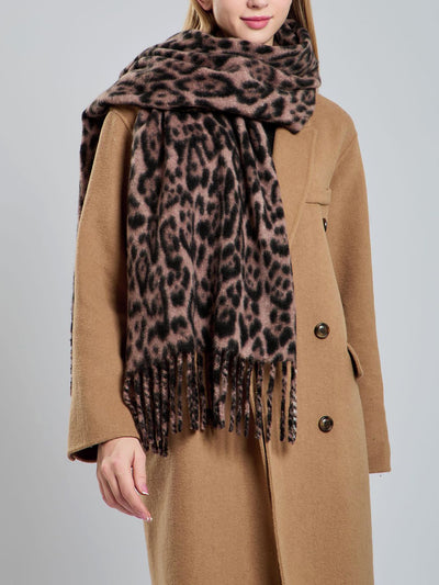 Leopard Print Mid Length Warm Tasseled Scarf