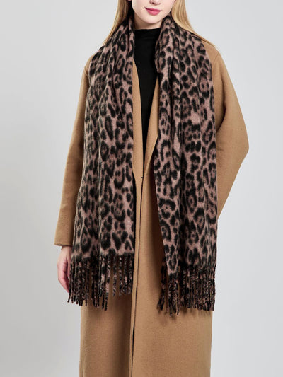 Leopard Print Mid Length Warm Tasseled Scarf