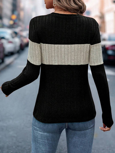 Long Sleeves Colorblock Striped Casual Knit Top