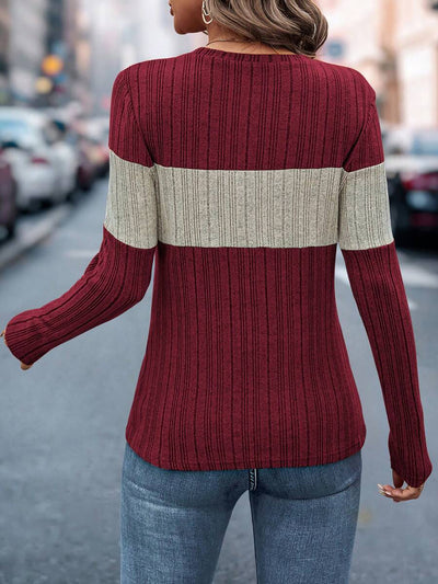 Long Sleeves Colorblock Striped Casual Knit Top