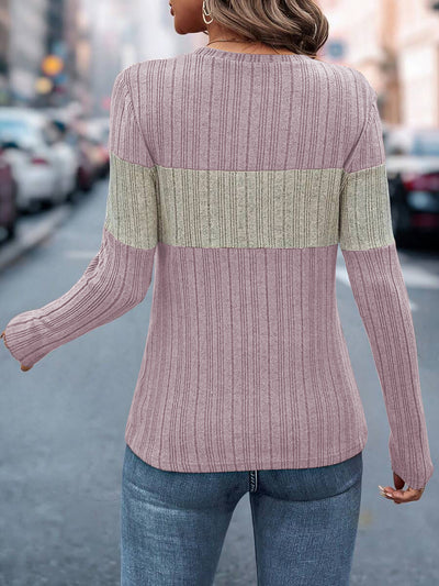 Long Sleeves Colorblock Striped Casual Knit Top