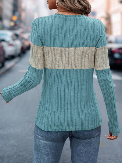 Long Sleeves Colorblock Striped Casual Knit Top