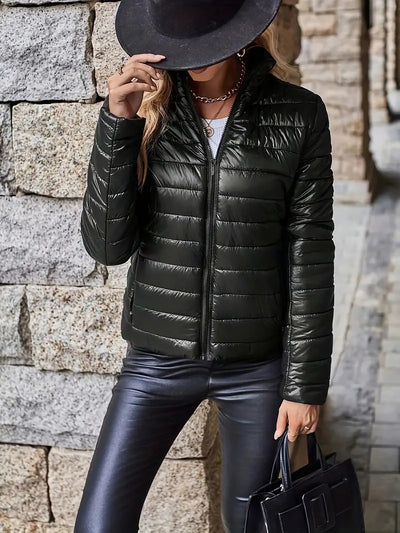 Lightweight Thermal Solid Color Mock Neck Padded Jacket