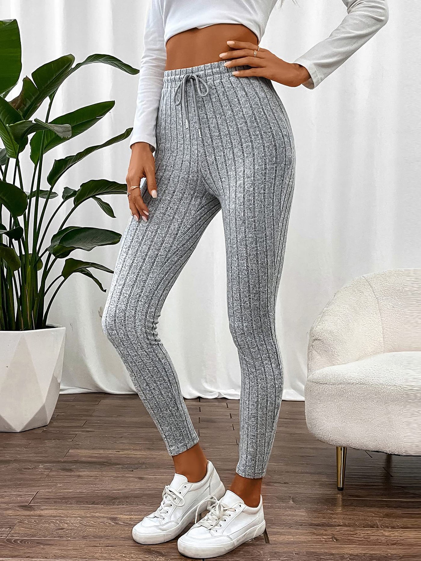 Allegra K Solid Color Tie Waist Lace-up Casual Leggings Pants